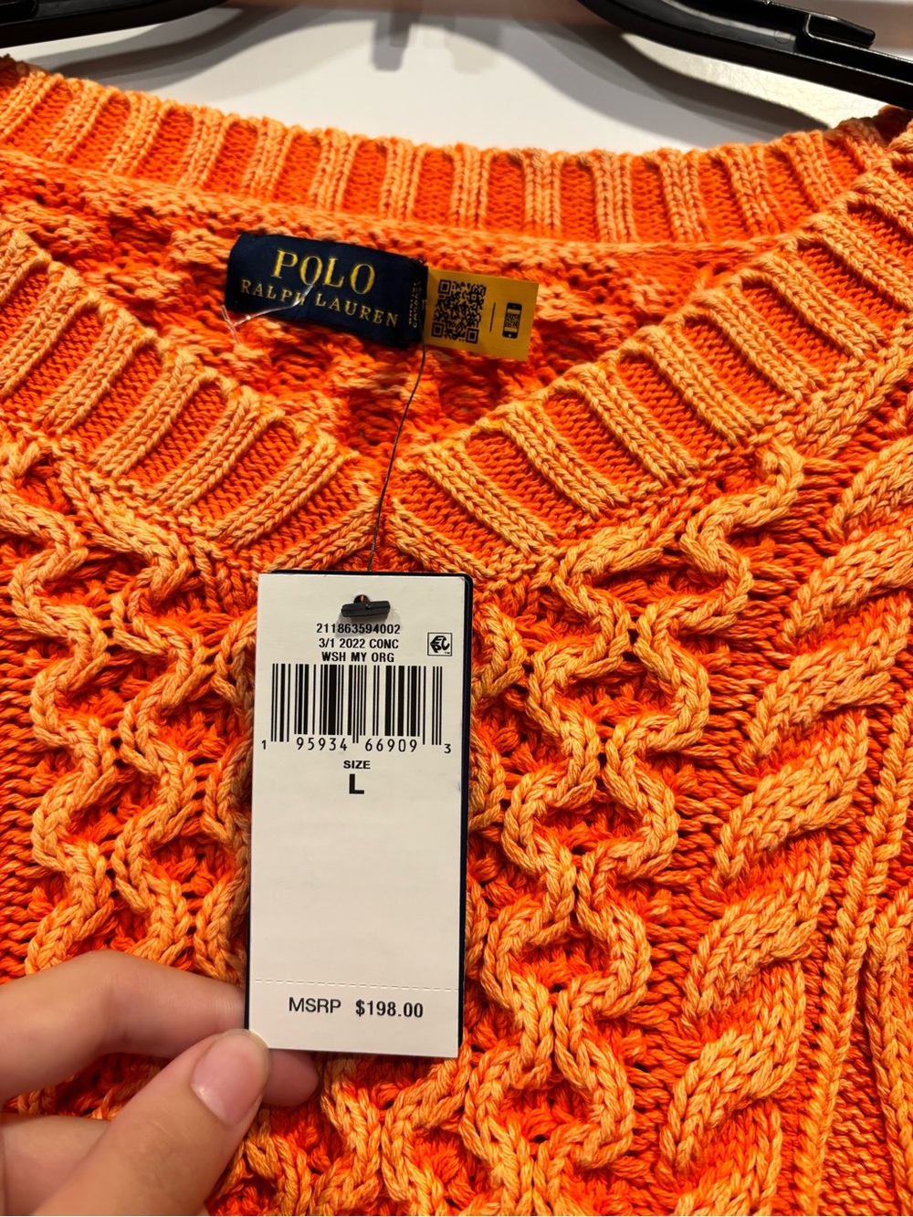 NWT Polo Ralph Lauren Orange 100% Cotton Cable Knit Cropped Sweater Size Large - Picture 3 of 5